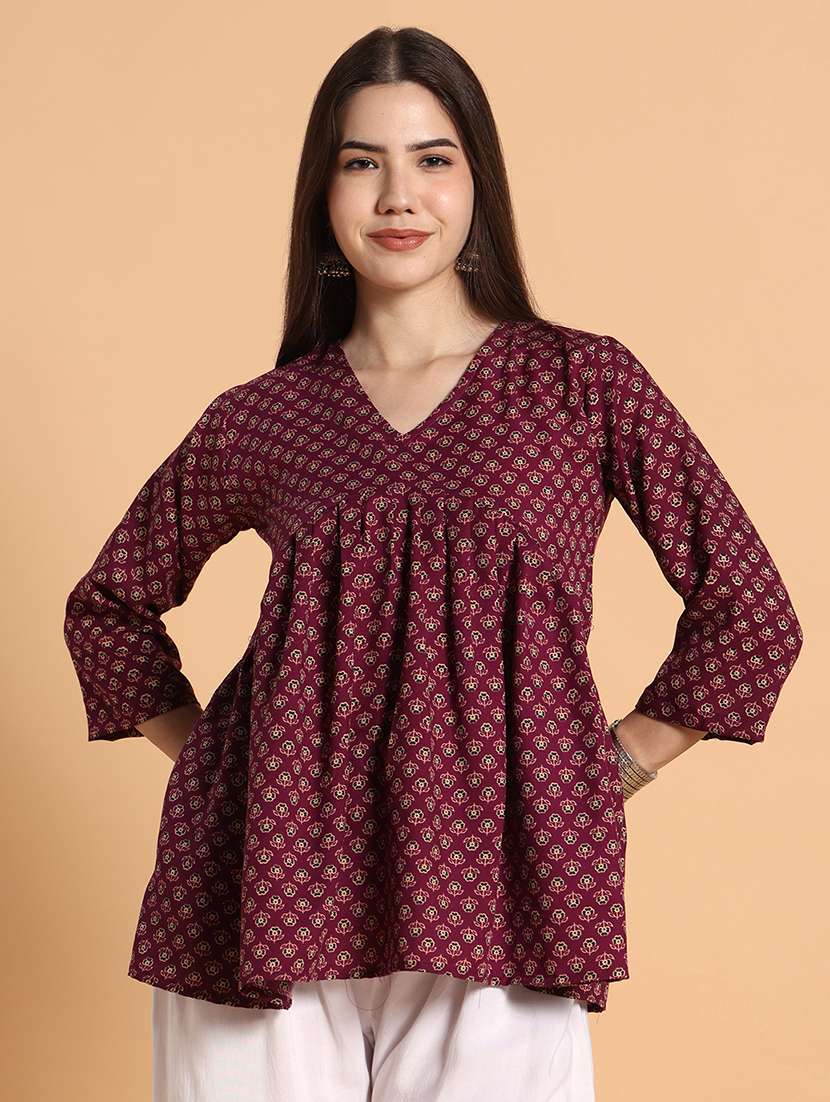 women printed three quarter sleeves a-line kurti