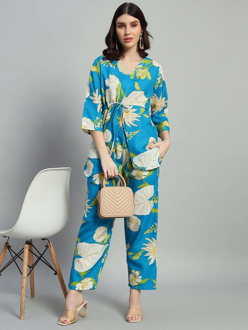 women printed three quarter sleeves ethnic co-ord set
