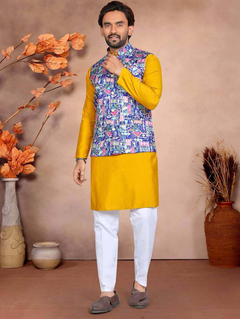 Men Printed Mandarin Neck Kurta Pyjama With Jacket Set - 22593655 -  Standard Image - 3