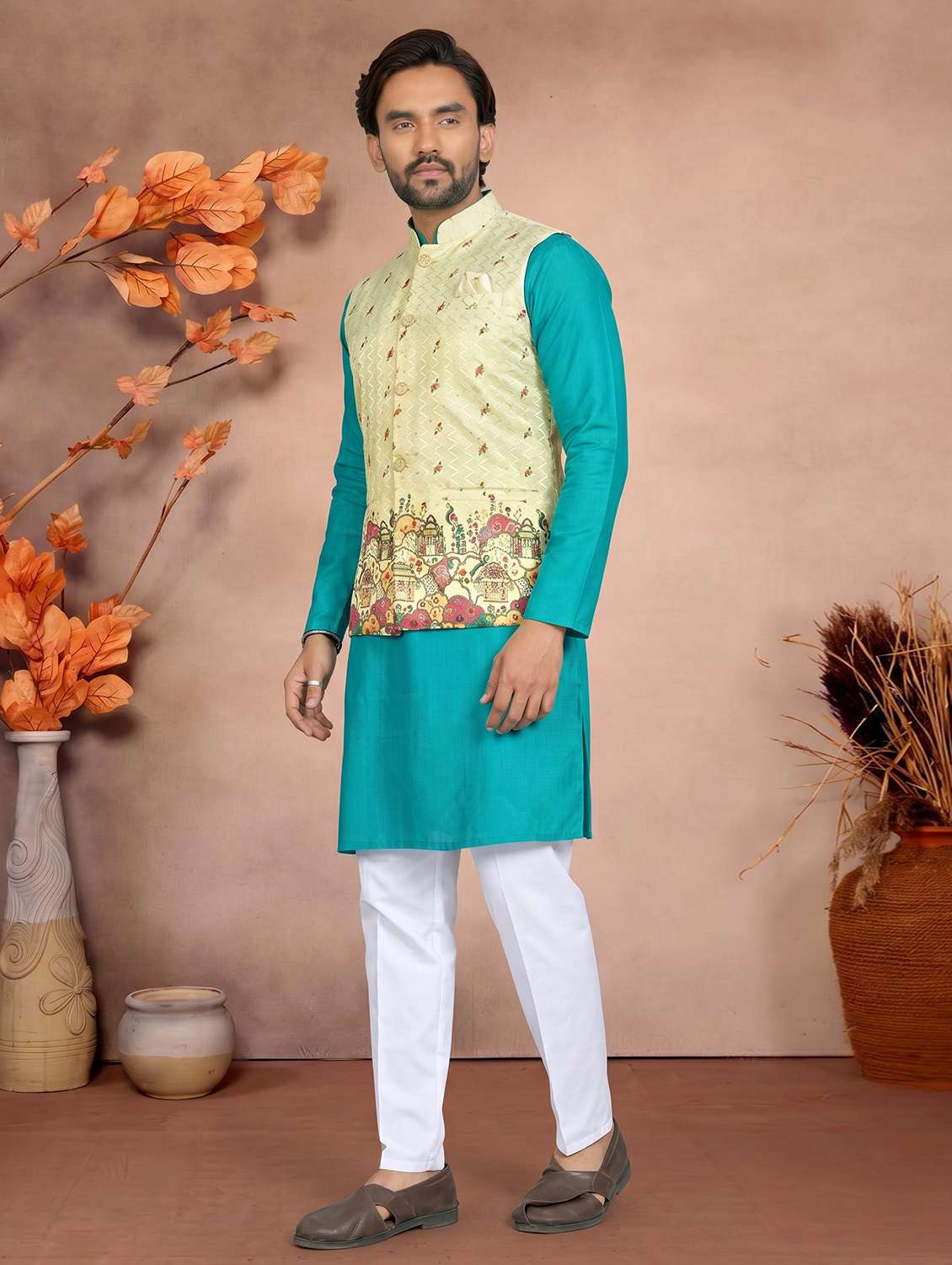 Men Printed Mandarin Neck Kurta Pyjama With Jacket Set - 22593739 -  Standard Image - 3