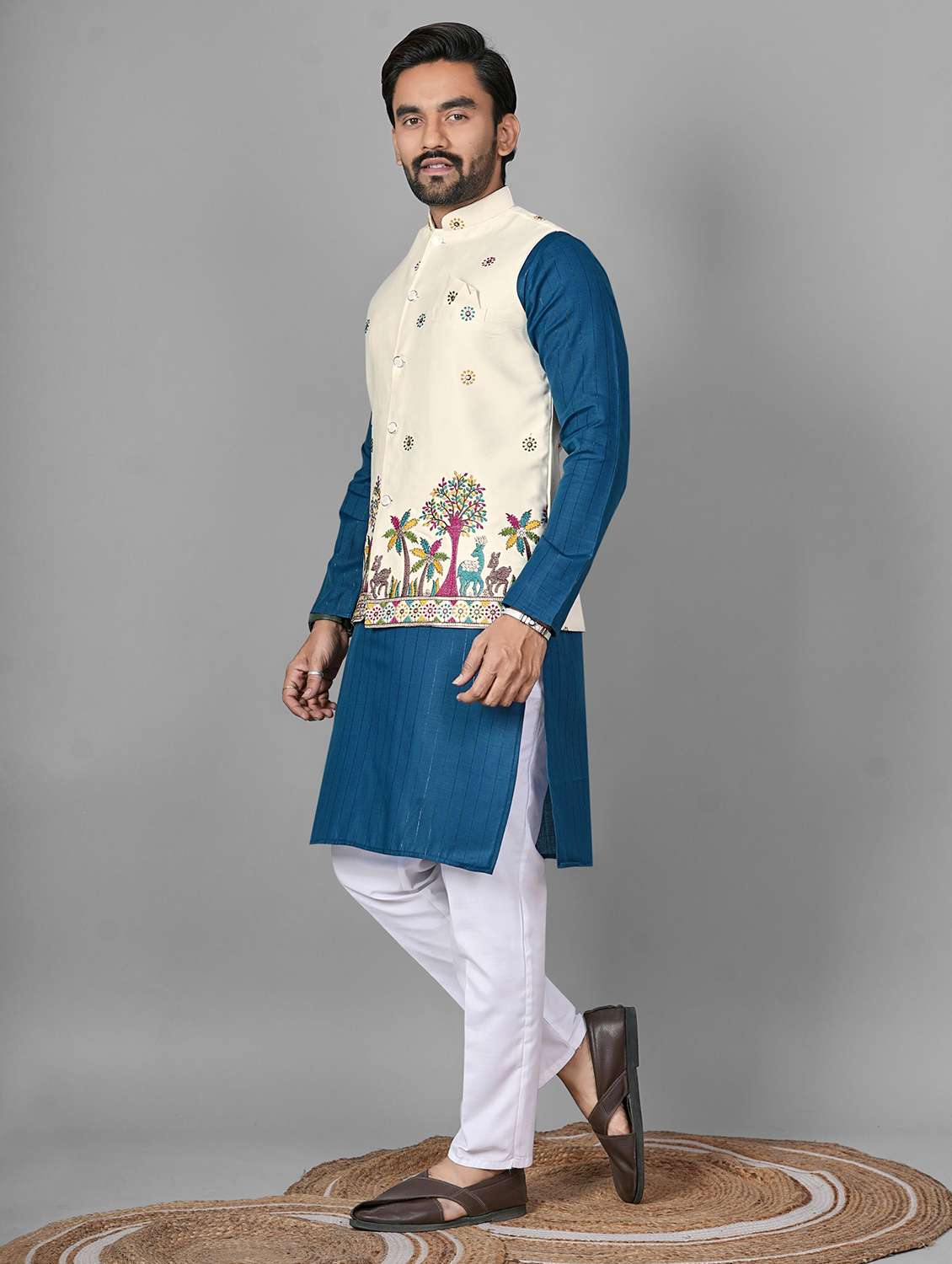 men embroidered mandarin neck kurta pyjama with jacket set - 22593743 -  Standard Image - 5