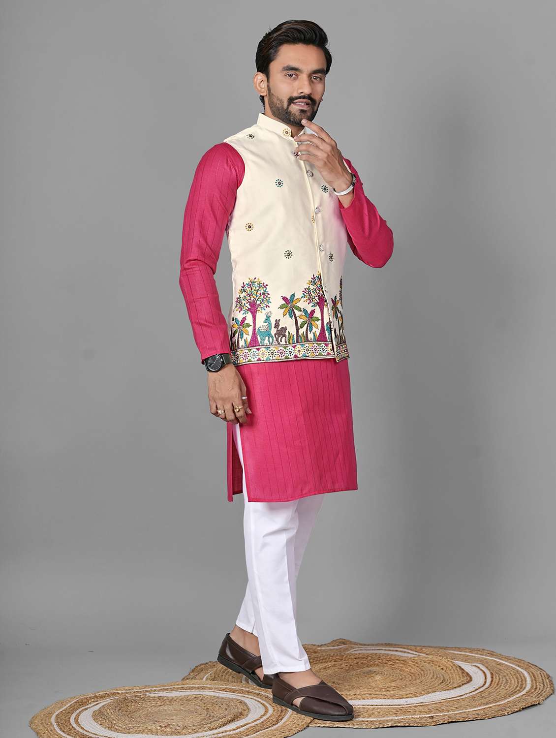 men embroidered mandarin neck kurta pyjama with jacket set - 22593744 -  Standard Image - 3