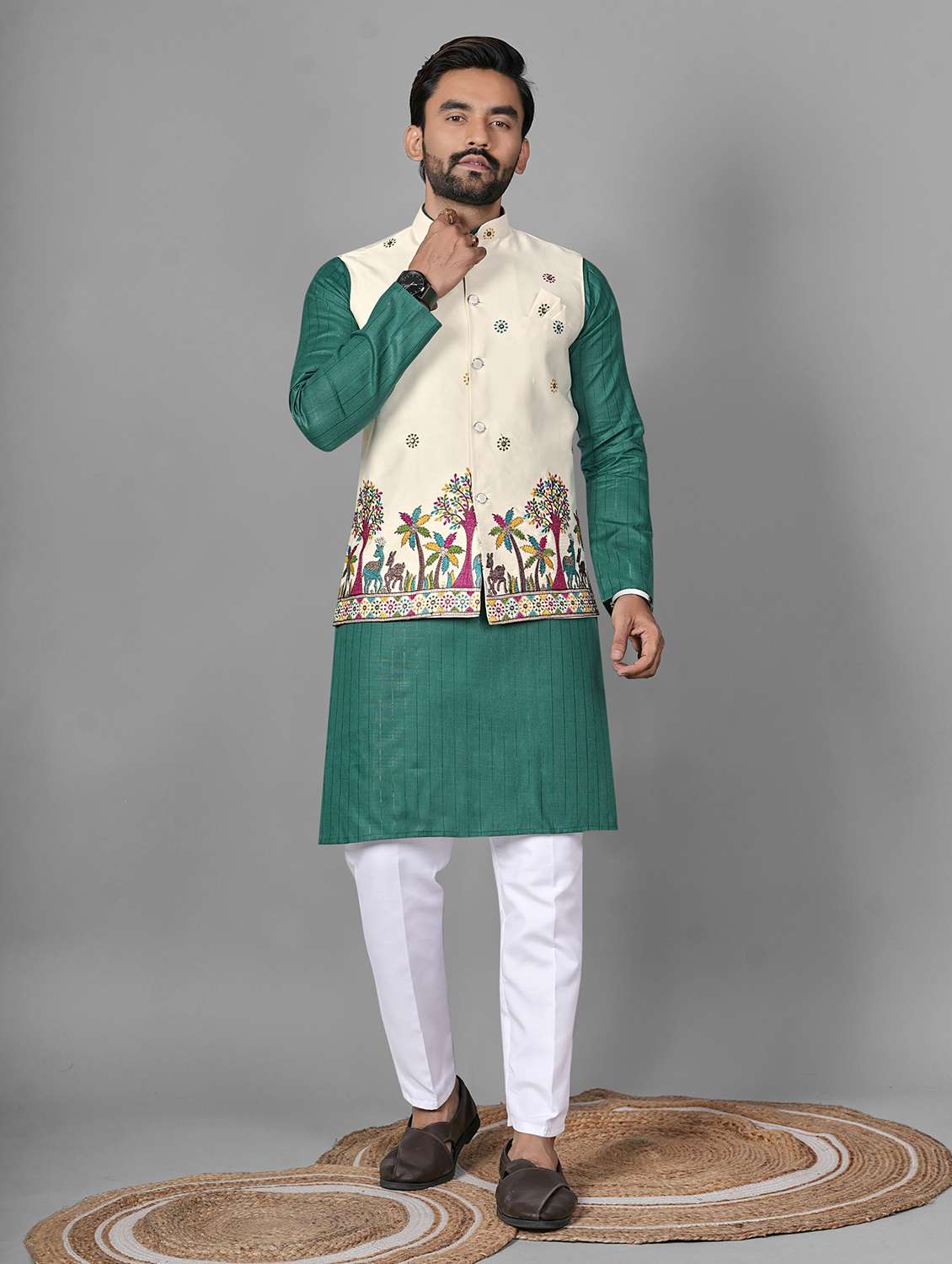 men embroidered mandarin neck kurta pyjama with jacket set