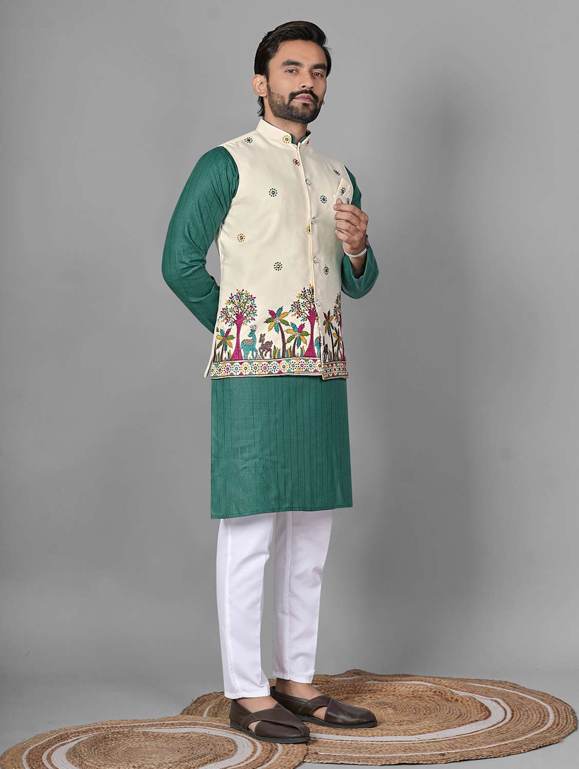 men embroidered mandarin neck kurta pyjama with jacket set - 22593745 -  Standard Image - 3