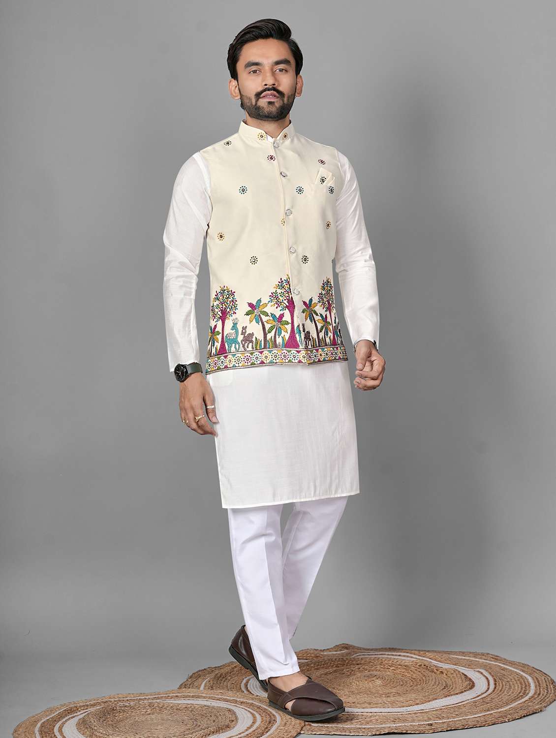 men embroidered mandarin neck kurta pyjama with jacket set - 22593746 -  Standard Image - 3