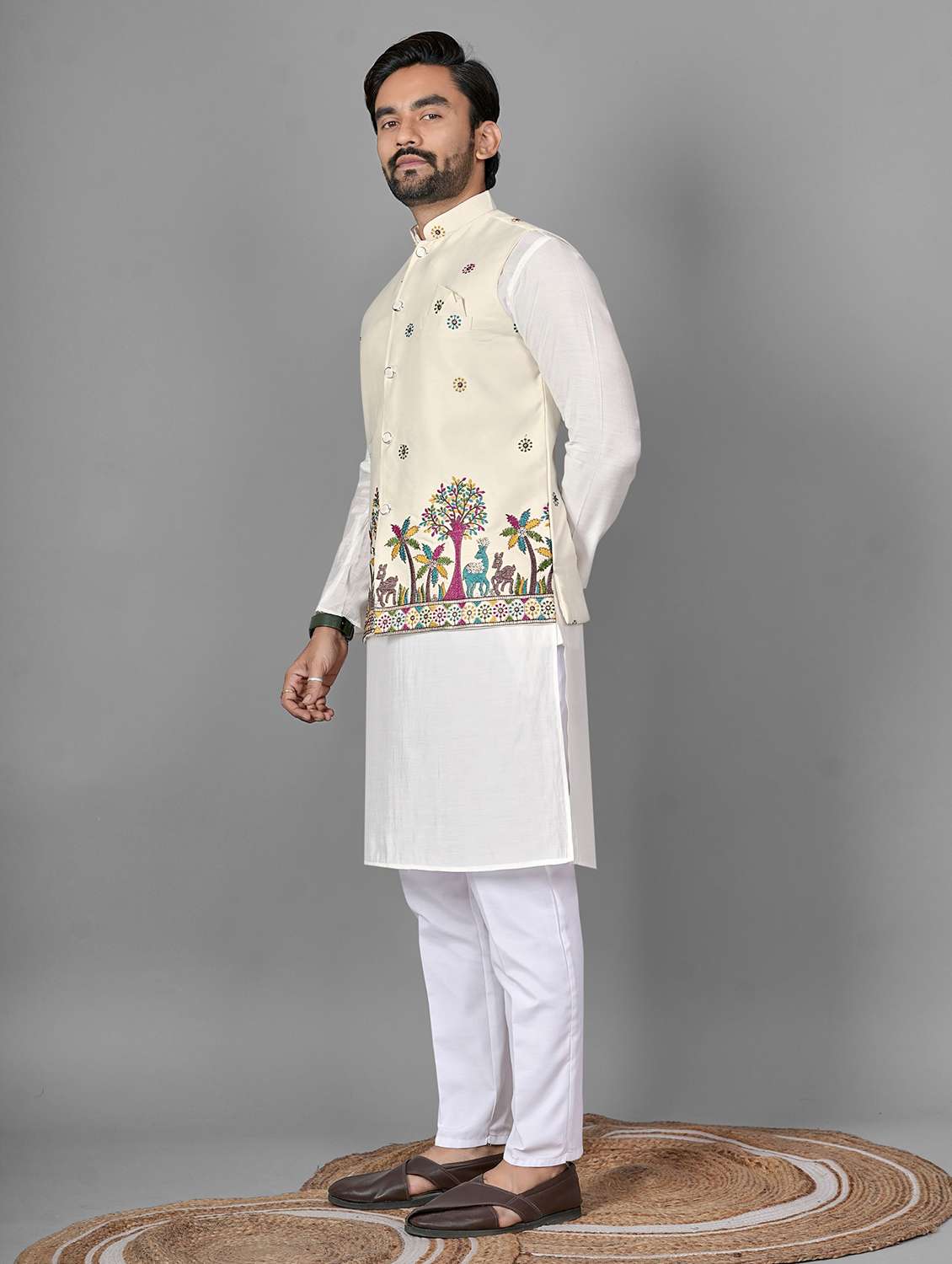 men embroidered mandarin neck kurta pyjama with jacket set - 22593746 -  Standard Image - 5
