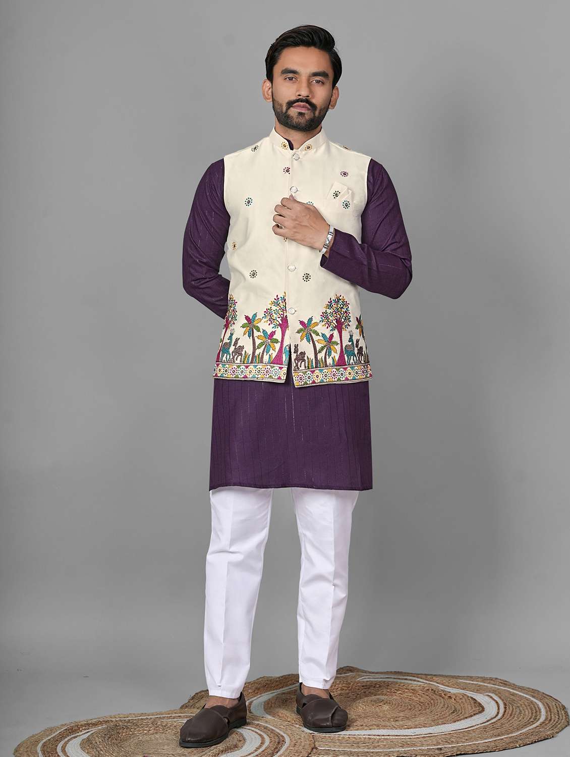 men embroidered mandarin neck kurta pyjama with jacket set