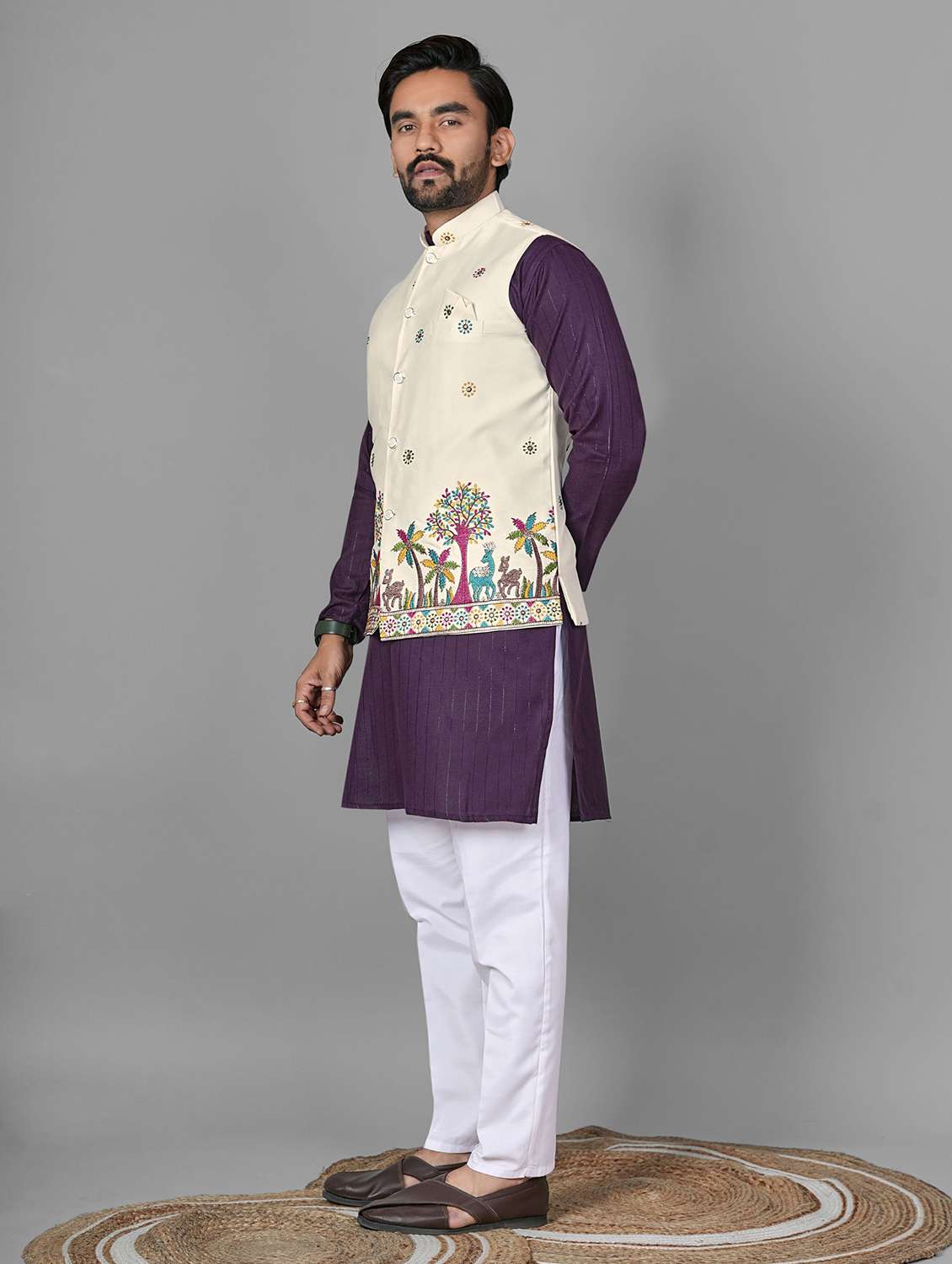 men embroidered mandarin neck kurta pyjama with jacket set - 22593747 -  Standard Image - 3
