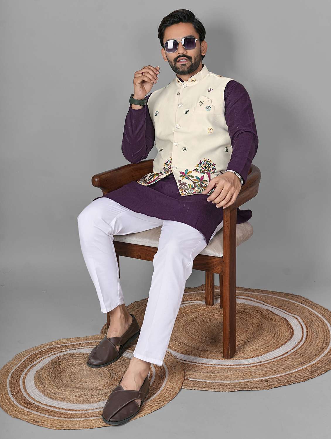 men embroidered mandarin neck kurta pyjama with jacket set - 22593747 -  Standard Image - 5