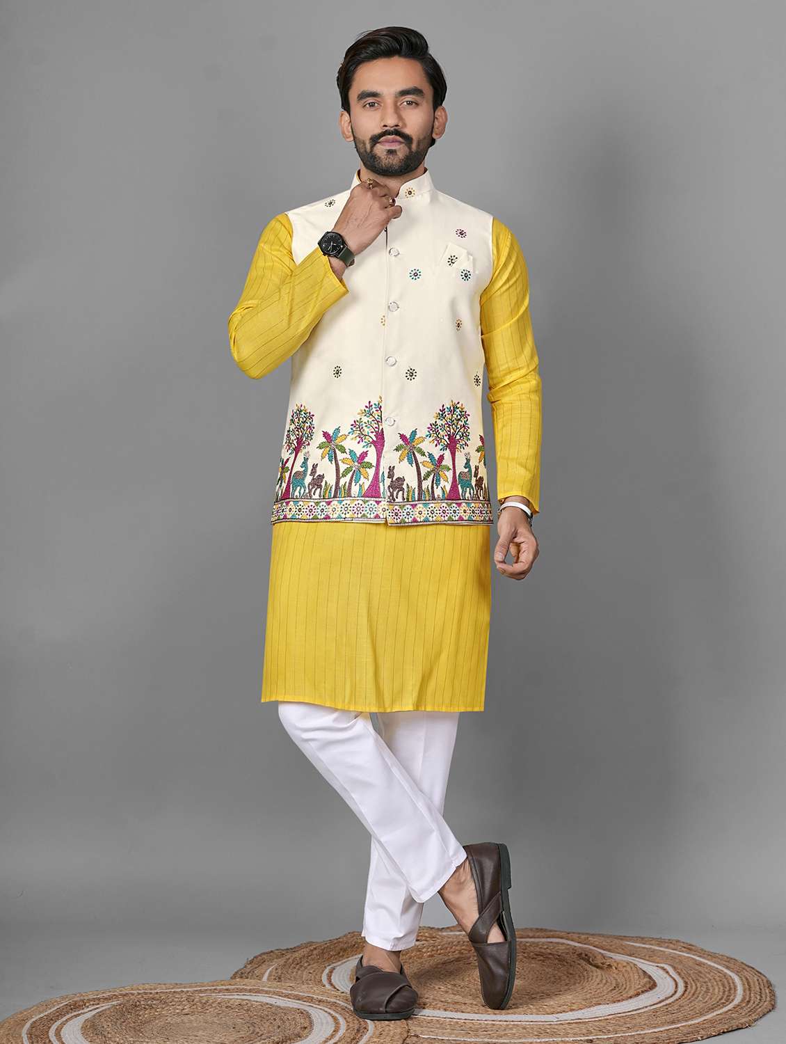 men embroidered mandarin neck kurta pyjama with jacket set