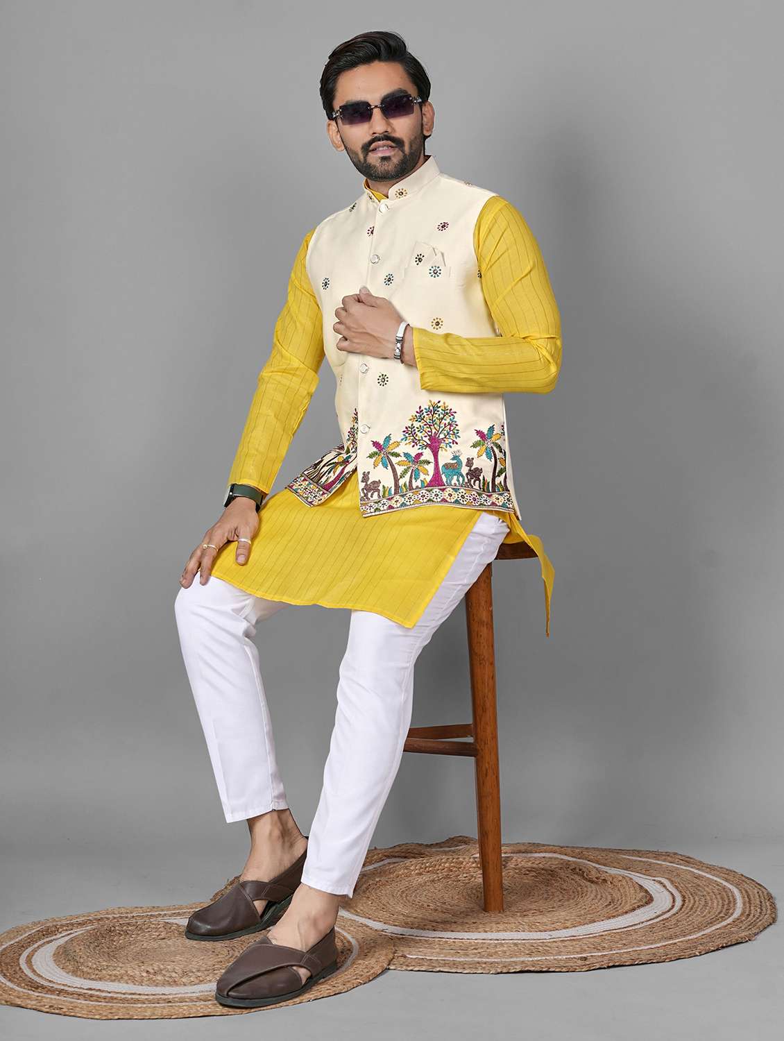 men embroidered mandarin neck kurta pyjama with jacket set - 22593748 -  Standard Image - 5