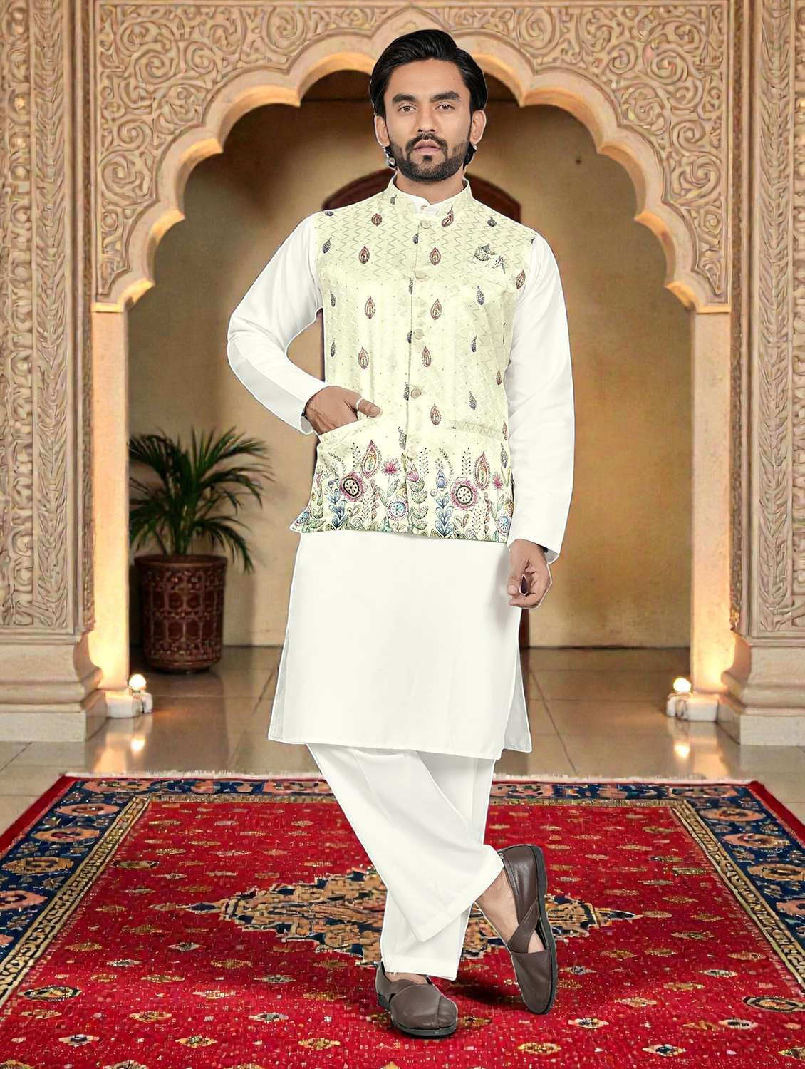 men printed mandarin neck kurta pyjama with jacket set