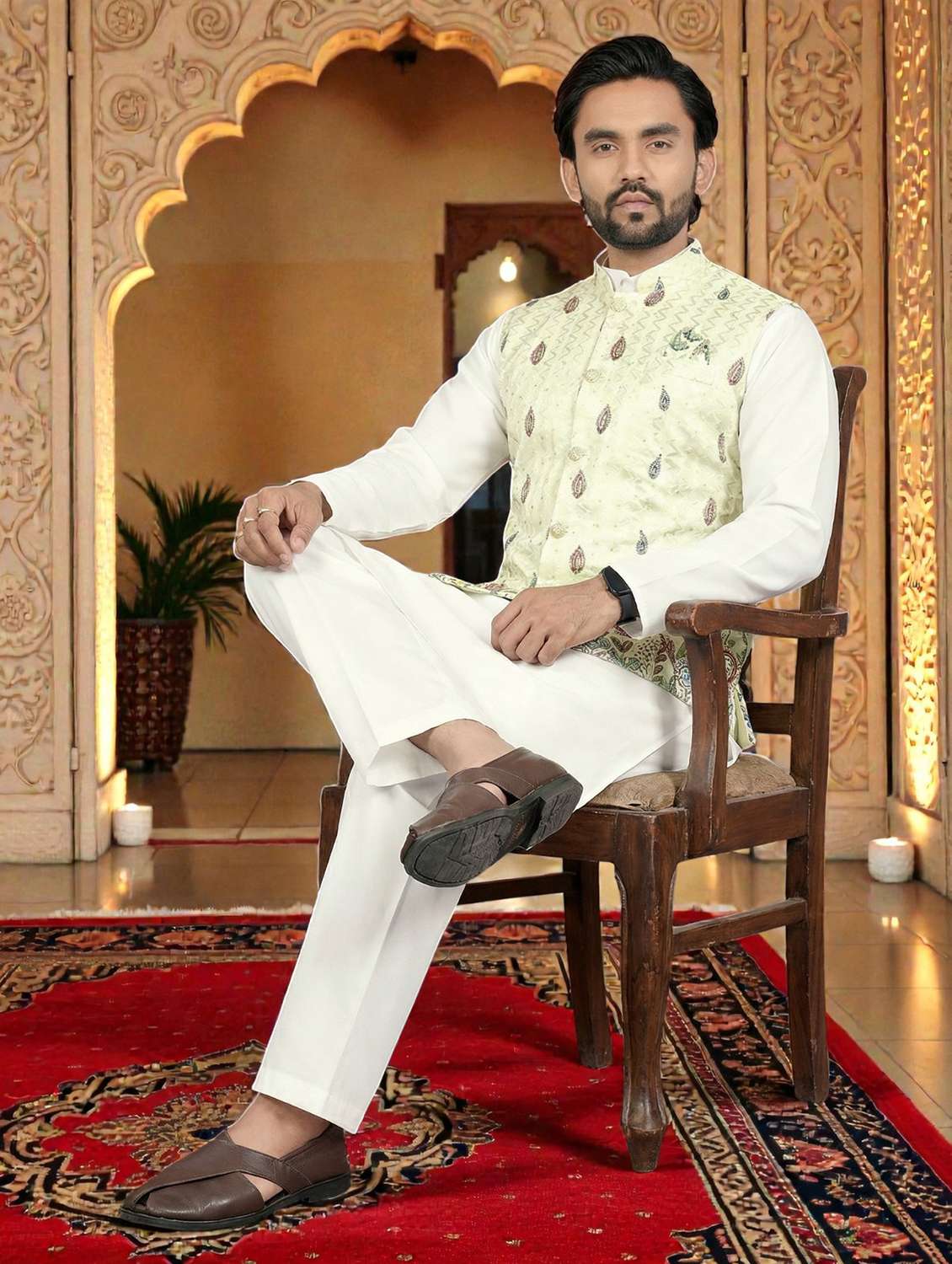 men printed mandarin neck kurta pyjama with jacket set - 22593755 -  Standard Image - 3