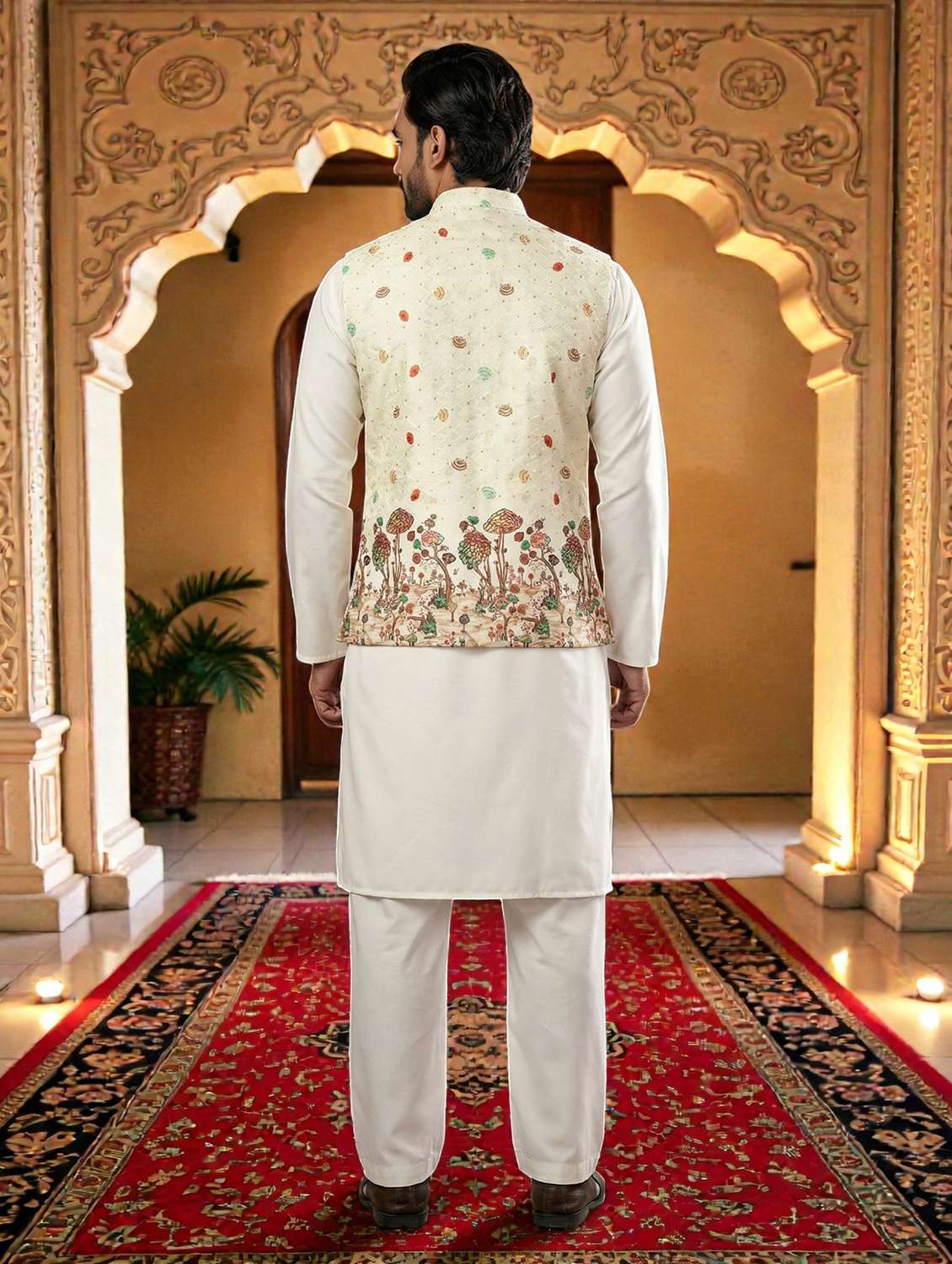 Men Printed Mandarin Neck Kurta Pyjama With Jacket Set - 22593756 -  Standard Image - 3