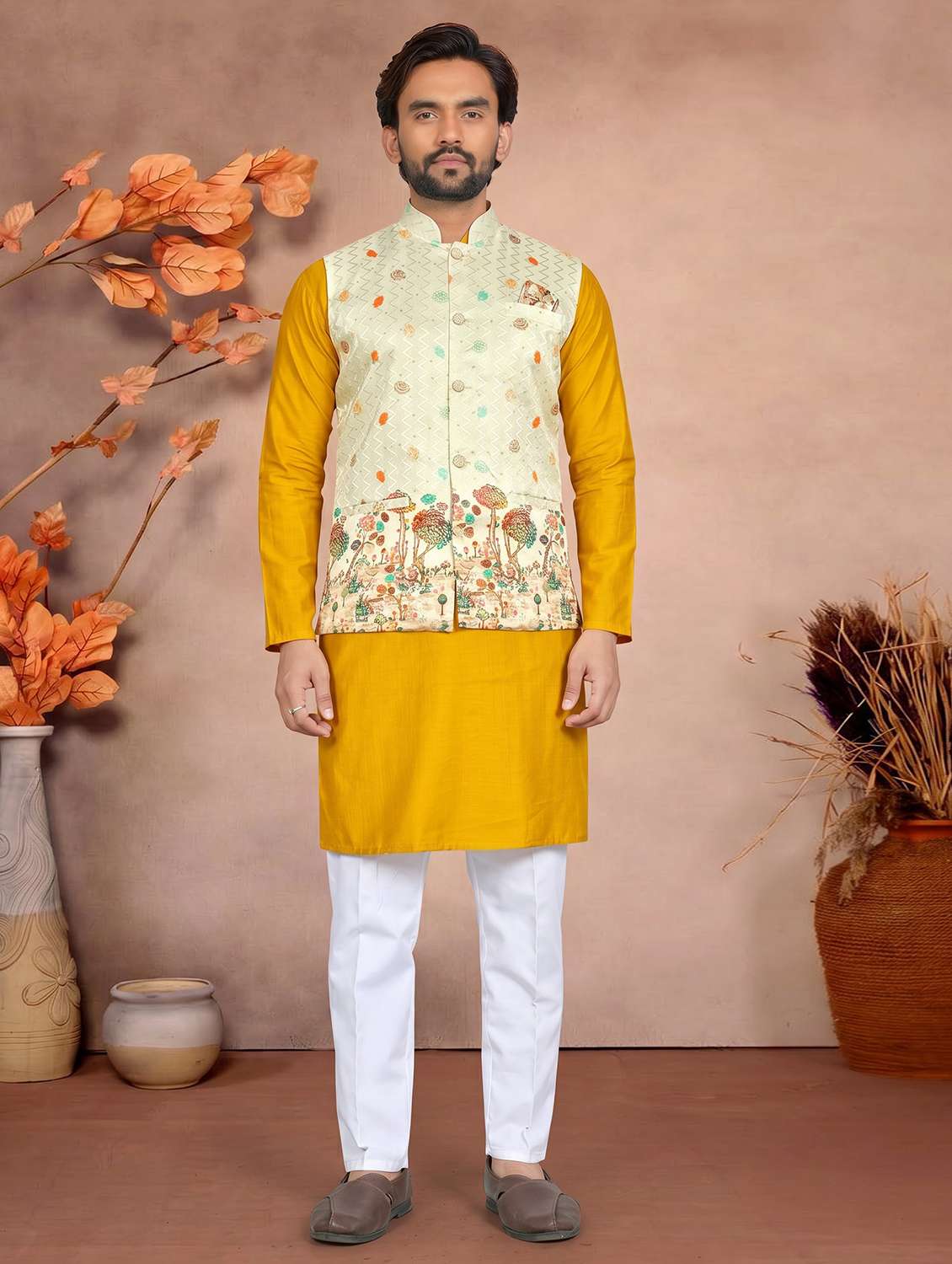 men printed mandarin neck kurta pyjama with jacket set