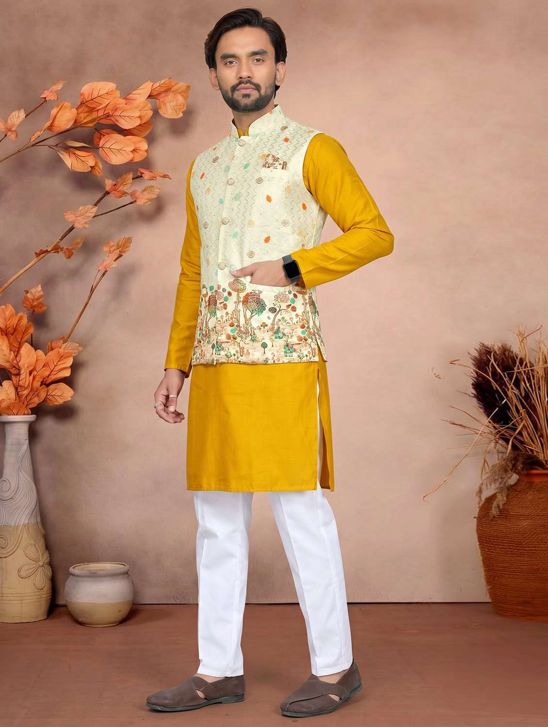 Men Printed Mandarin Neck Kurta Pyjama With Jacket Set - 22593759 -  Standard Image - 3