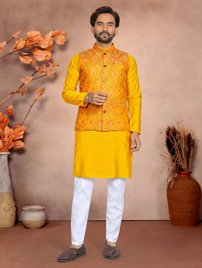 men self design mandarin neck kurta pyjama with jacket set