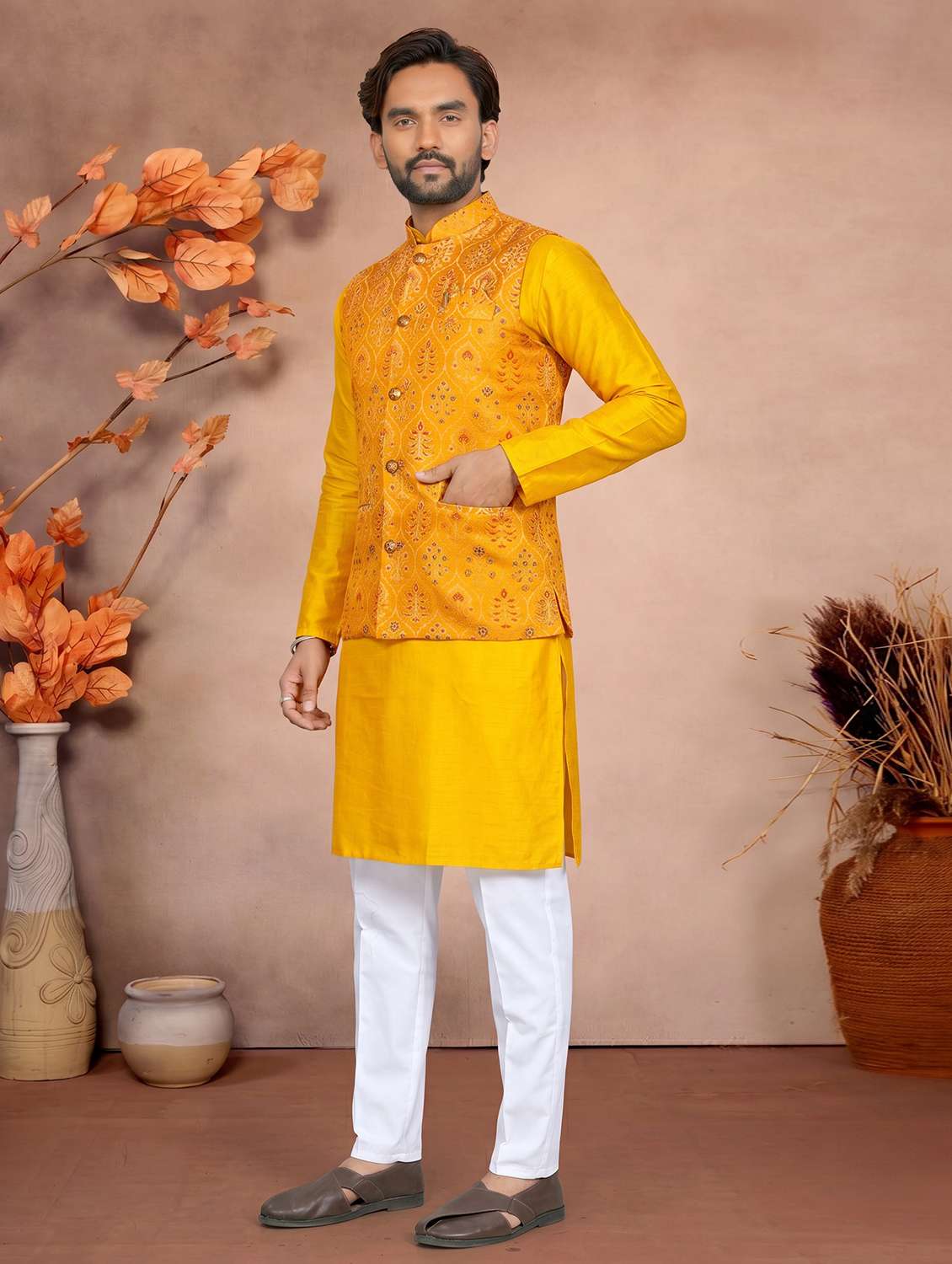 Men Self Design Mandarin Neck Kurta Pyjama With Jacket Set - 22593769 -  Standard Image - 3