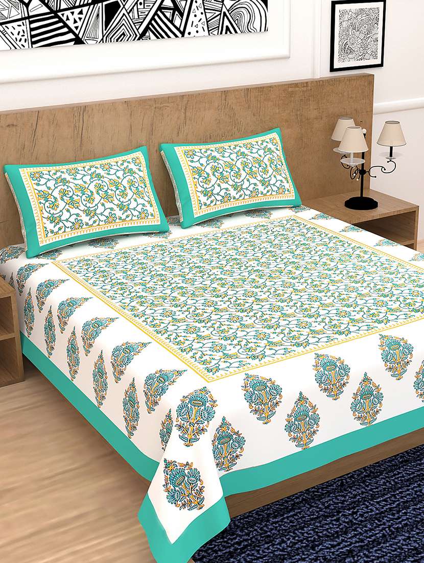 kivo bedsheets 100% pure cotton jaipuri print double bedsheet with 2 pillow covers-size 85x90 inchs
