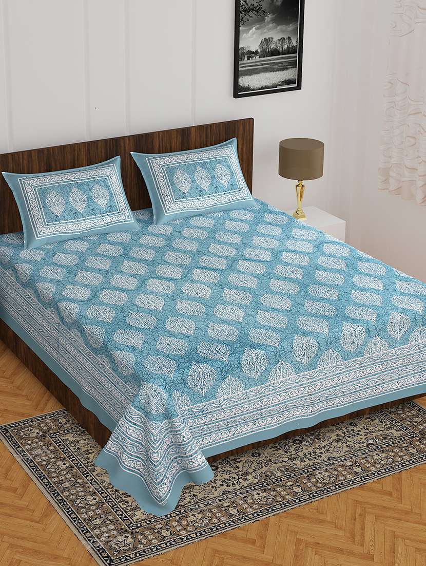 kivo bedsheets 100% pure cotton jaipuri print double bedsheet with 2 pillow covers-size 85x90 inchs