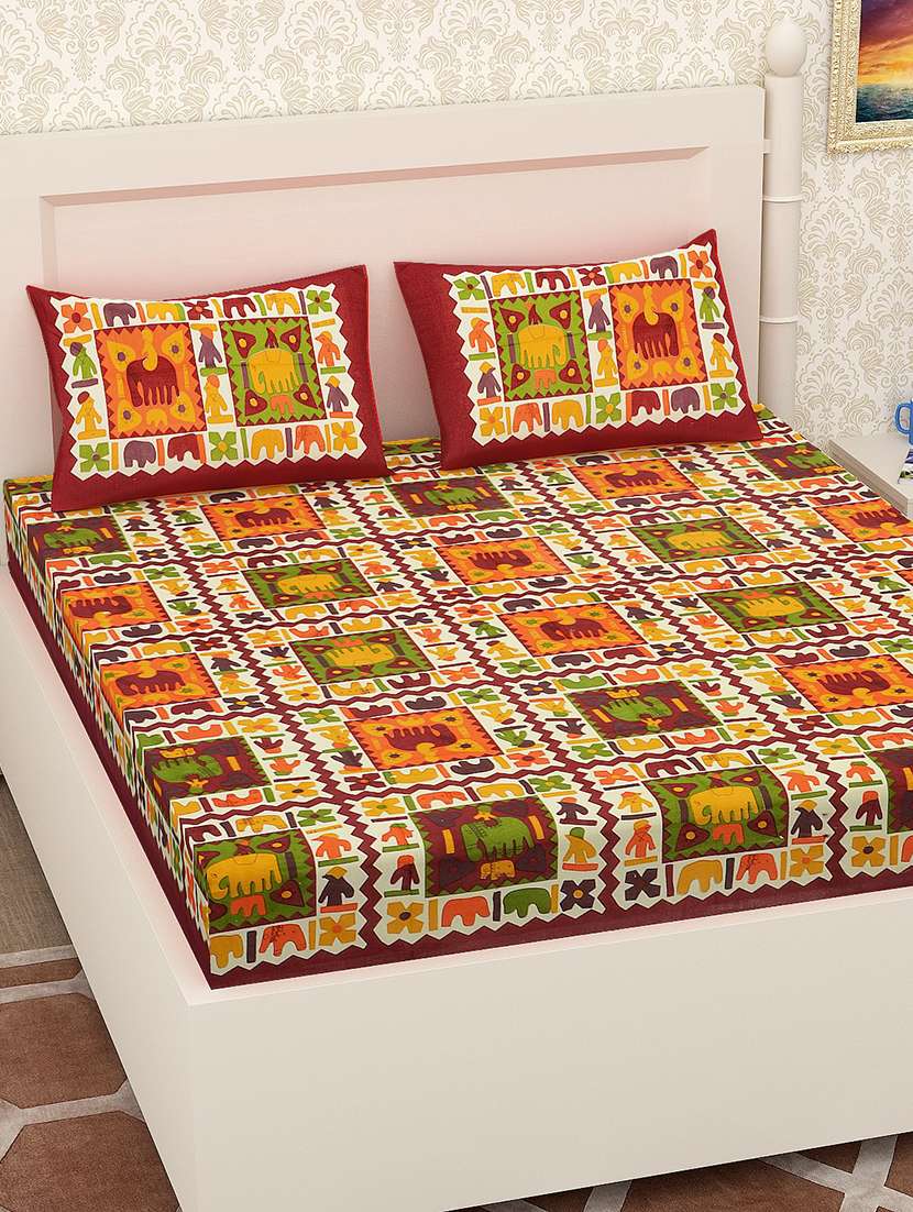 kivo bedsheets 100% pure cotton jaipuri print double bedsheet with 2 pillow covers-size 85x90 inchs