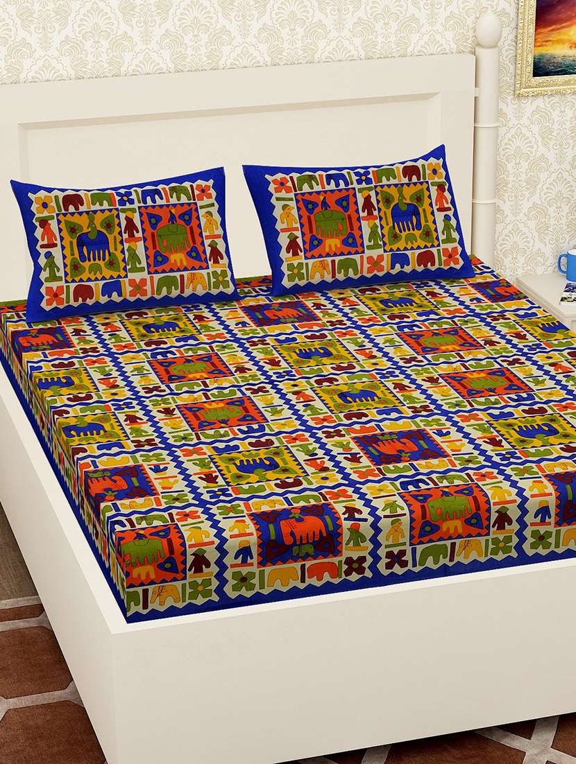kivo bedsheets 100% pure cotton jaipuri print double bedsheet with 2 pillow covers-size 85x90 inchs