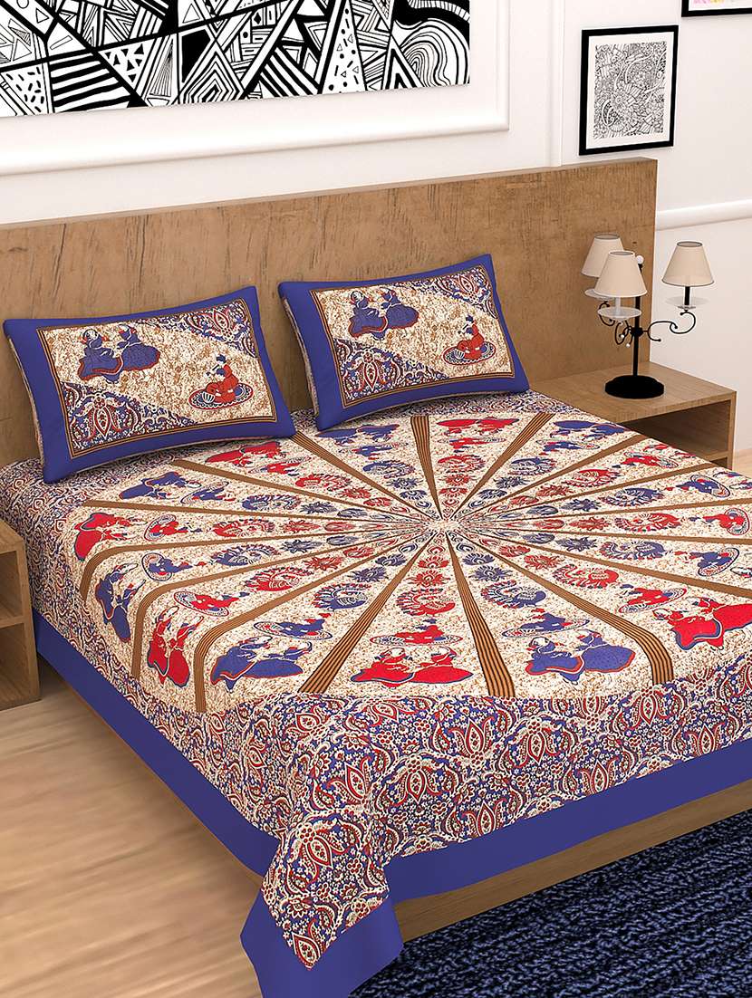 kivo bedsheets 100% pure cotton jaipuri print double bedsheet with 2 pillow covers-size 85x90 inchs