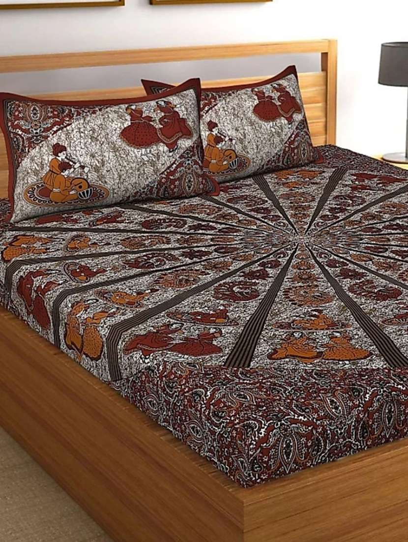 kivo bedsheets 100% pure cotton jaipuri print double bedsheet with 2 pillow covers-size 85x90 inchs