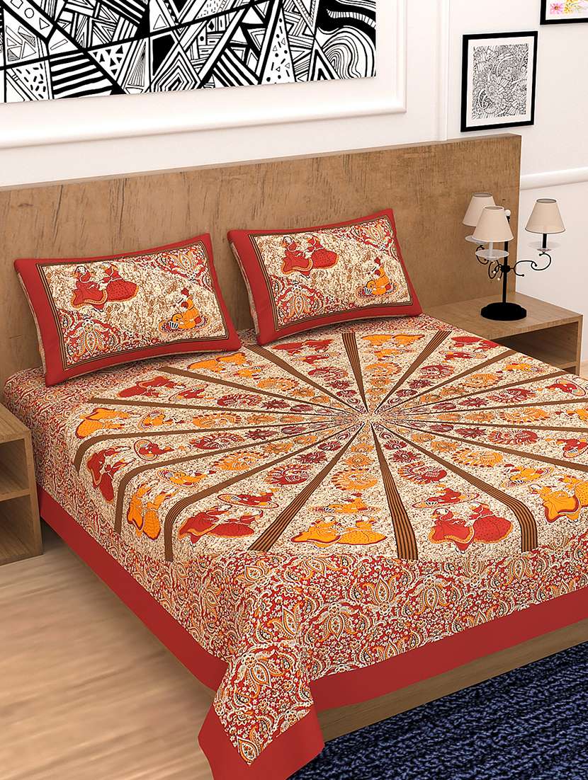 kivo bedsheets 100% pure cotton jaipuri print double bedsheet with 2 pillow covers-size 85x90 inchs