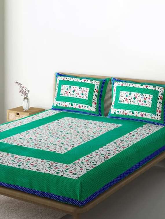 kivo bedsheets 100% pure cotton jaipuri print double bedsheet with 2 pillow covers-size 85x90 inchs