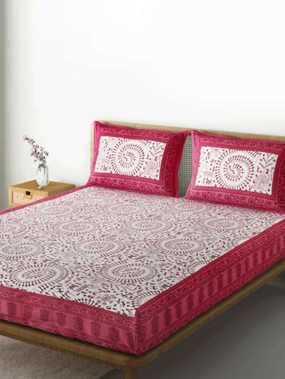 kivo bedsheets 100% pure cotton jaipuri print double bedsheet with 2 pillow covers-size 85x90 inchs