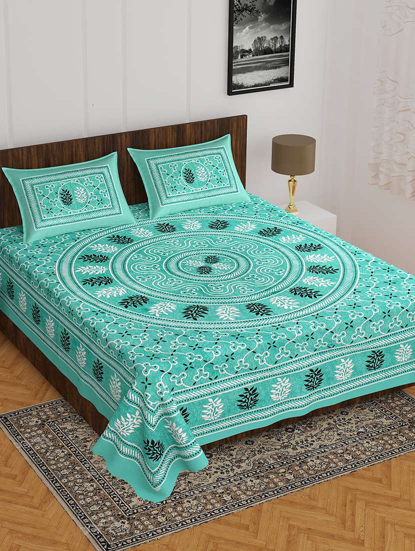 kivo bedsheets 100% pure cotton jaipuri print double bedsheet with 2 pillow covers-size 85x90 inchs