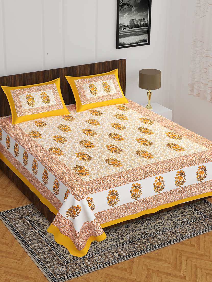 kivo bedsheets 100% pure cotton jaipuri print double bedsheet with 2 pillow covers-size 85x90 inchs