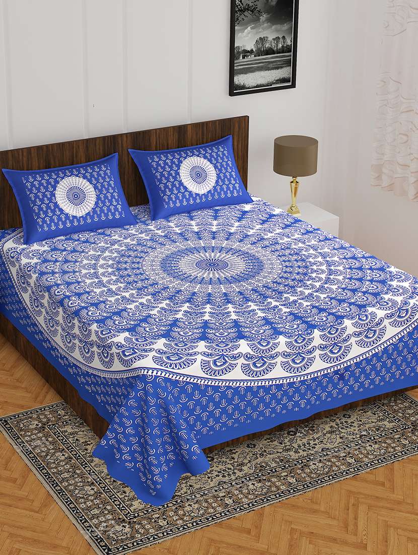 kivo bedsheets 100% pure cotton jaipuri print double bedsheet with 2 pillow covers-size 85x90 inchs