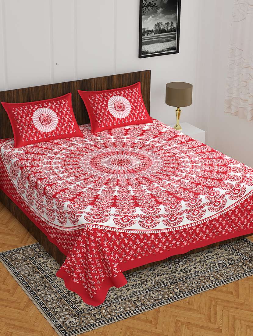 kivo bedsheets 100% pure cotton jaipuri print double bedsheet with 2 pillow covers-size 85x90 inchs