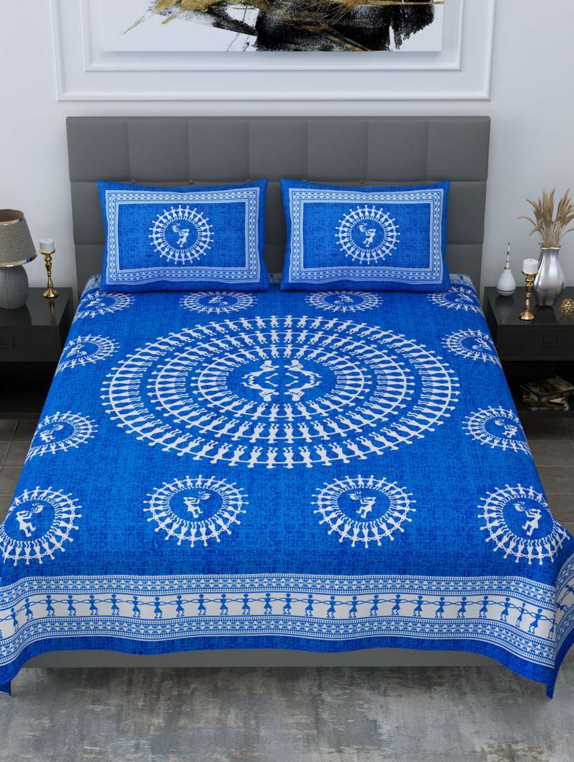 kivo bedsheets 100% pure cotton jaipuri print double bedsheet with 2 pillow covers-size 85x90 inchs