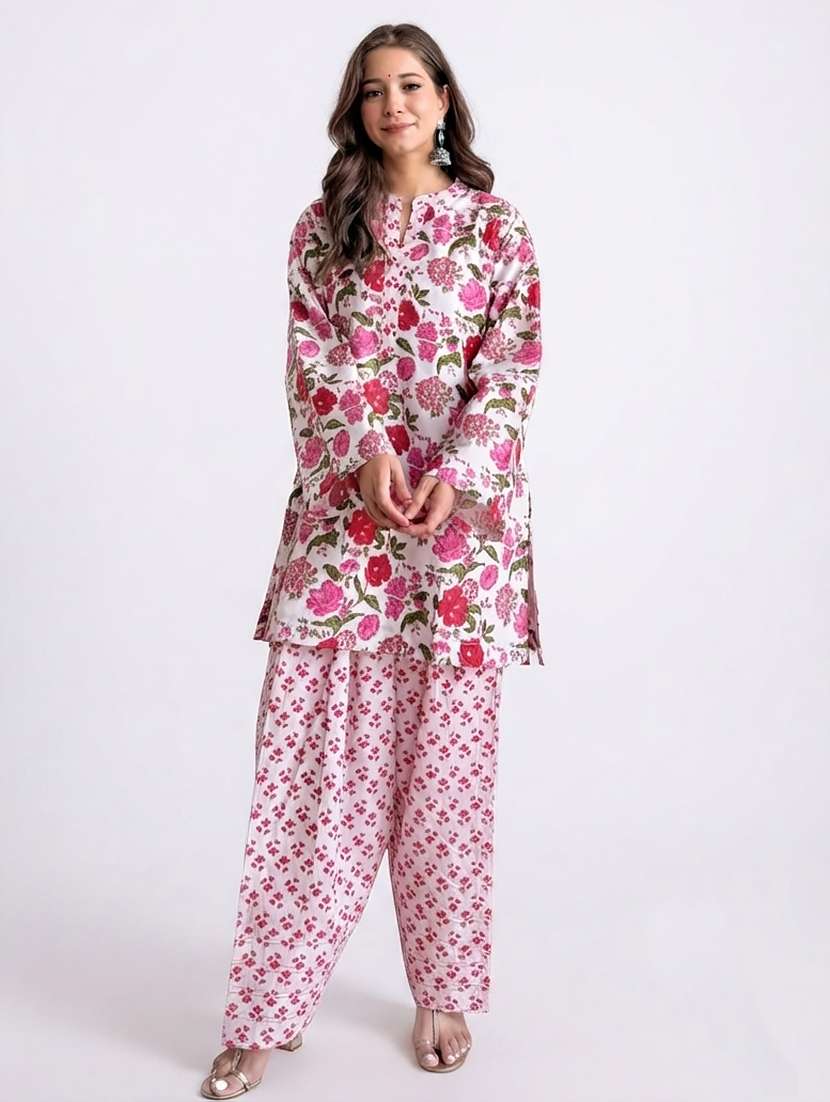 women floral long sleeve kurta with farshi salwar set