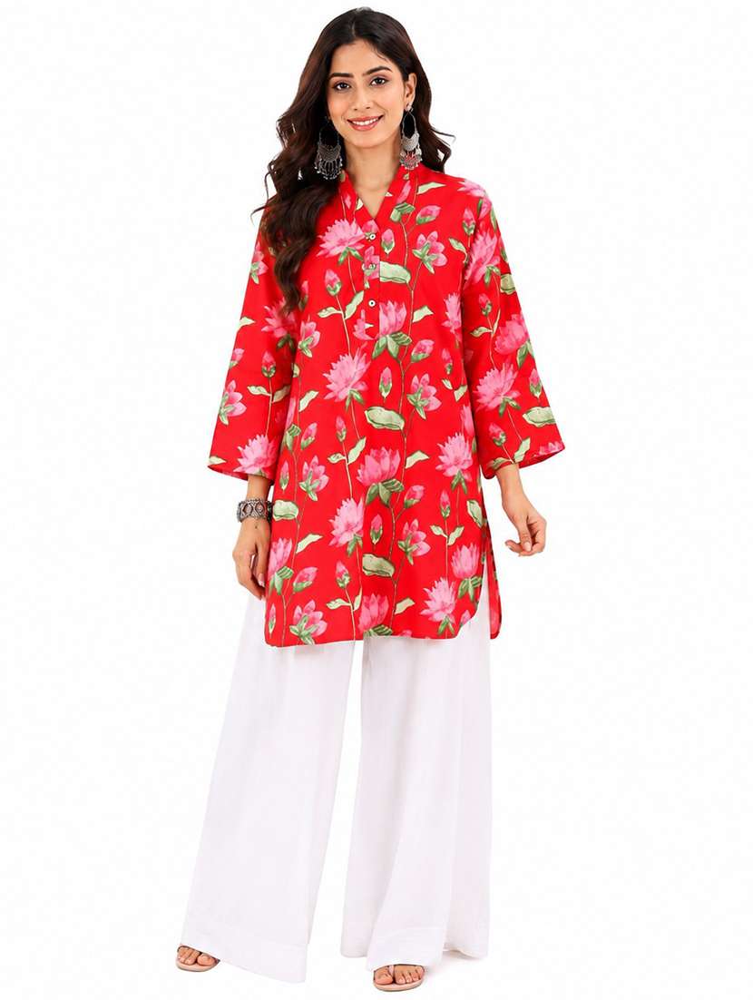 women printed long sleeves kurta palazzo set