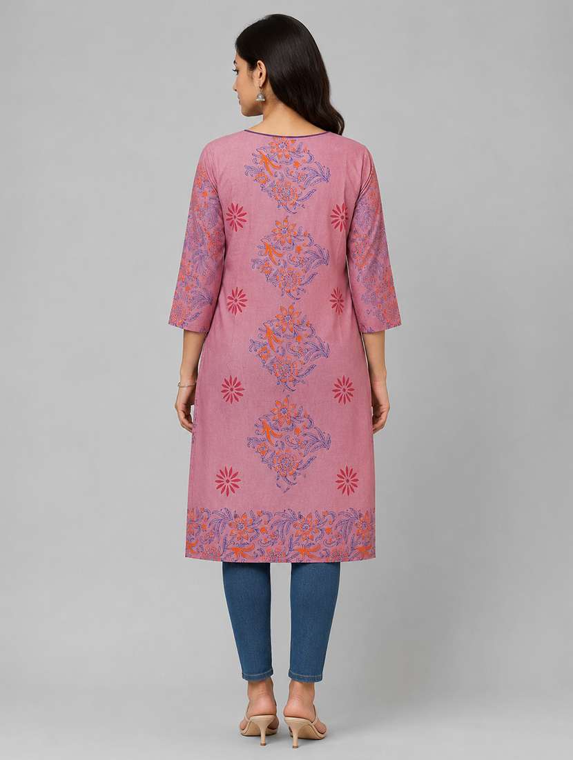 Women Printed Three Quarter Sleeves Straight Kurta - 22594111 -  Standard Image - 3