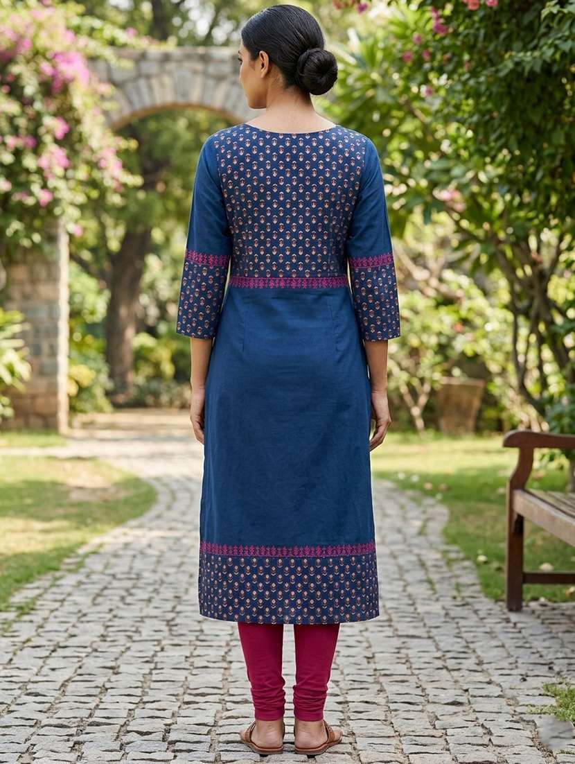 Women Printed Three Quarter Sleeves Straight Kurta - 22594113 -  Standard Image - 3