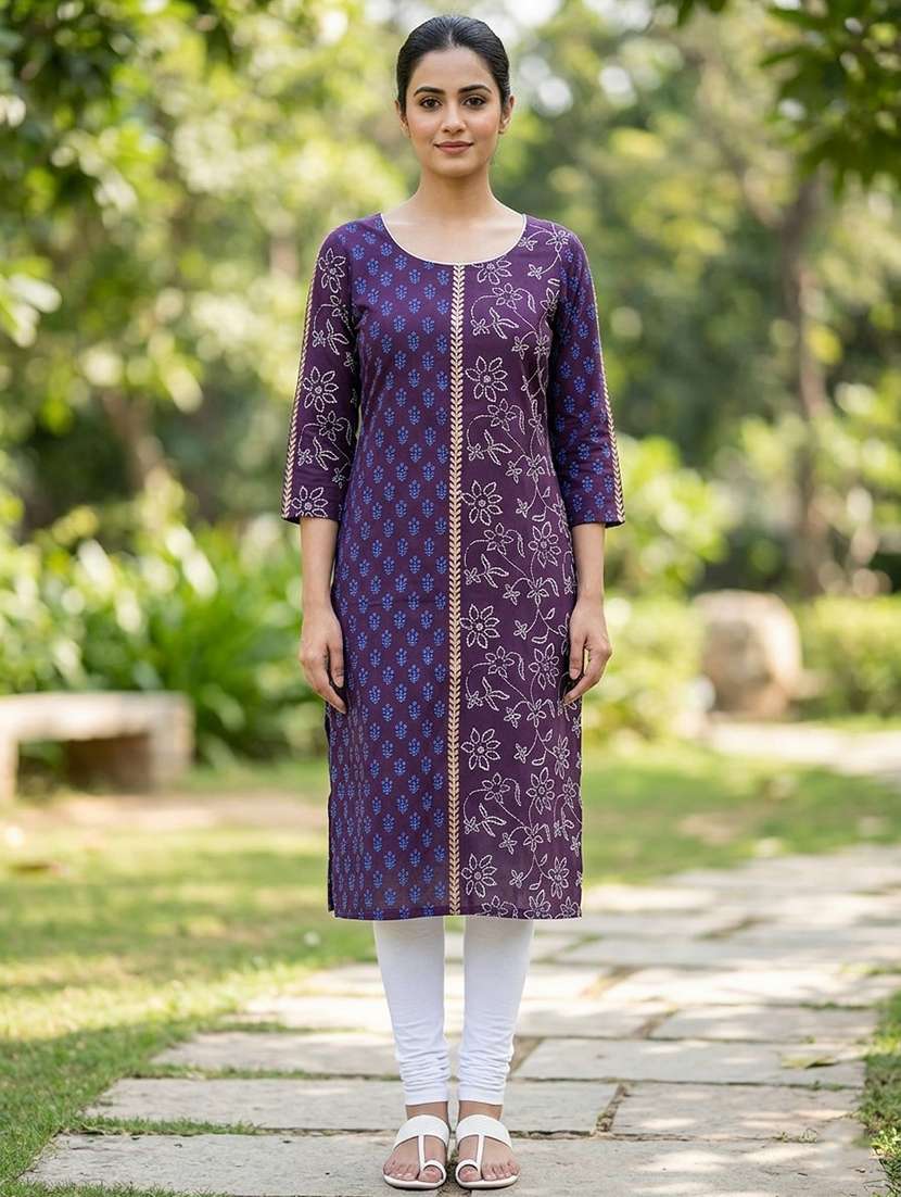 women printed three quarter sleeves straight kurta