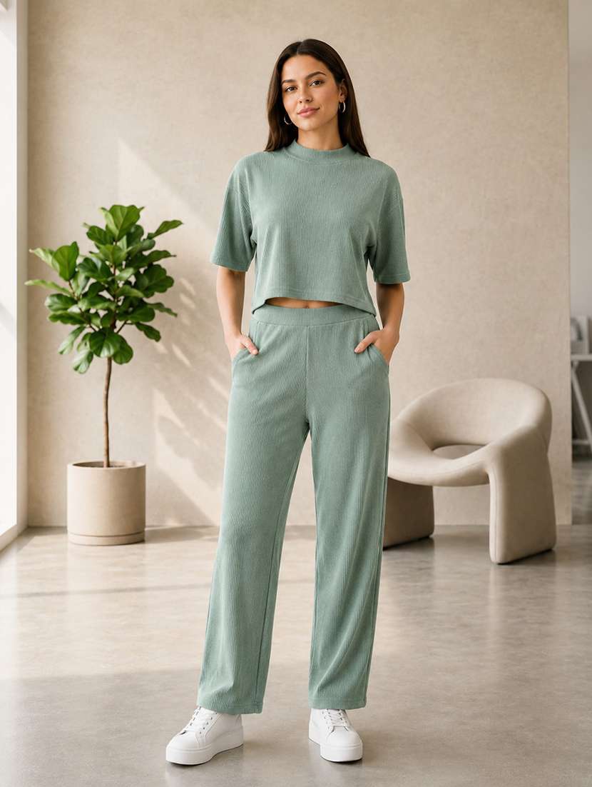 women self design short sleeves t-shirt and trouser co-ord set