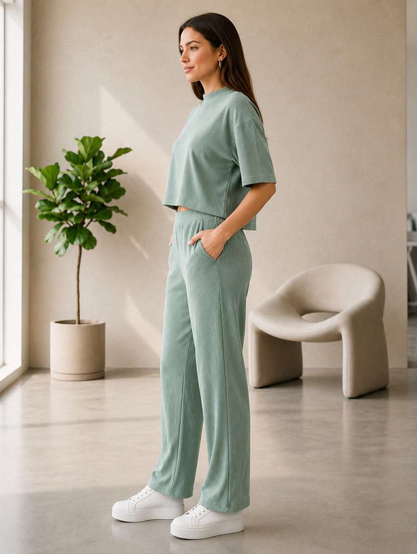 Women Self Design Short Sleeves T-shirt And Trouser Co-ord Set - 22594123 -  Standard Image - 3