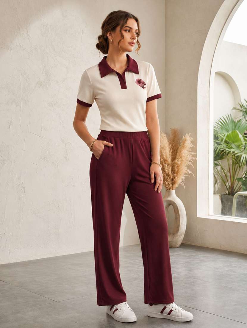 women solid short sleeves t-shirt and trouser co-ord set