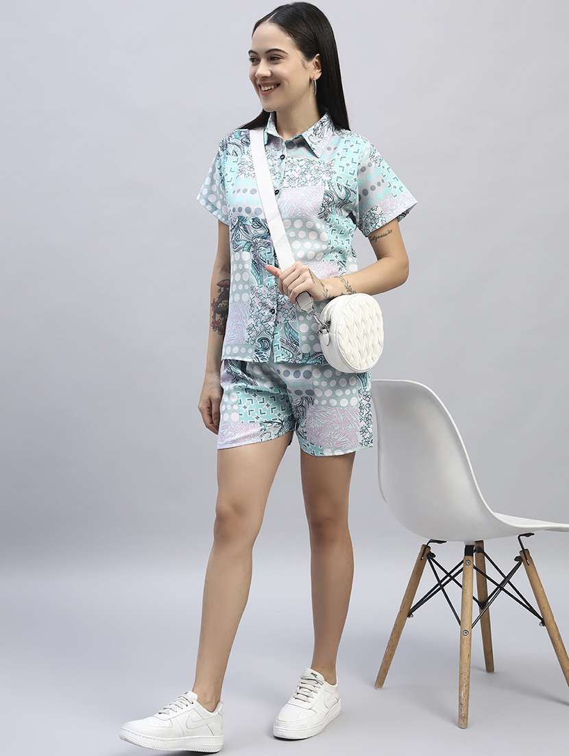 women printed short sleeves shirt and shorts set