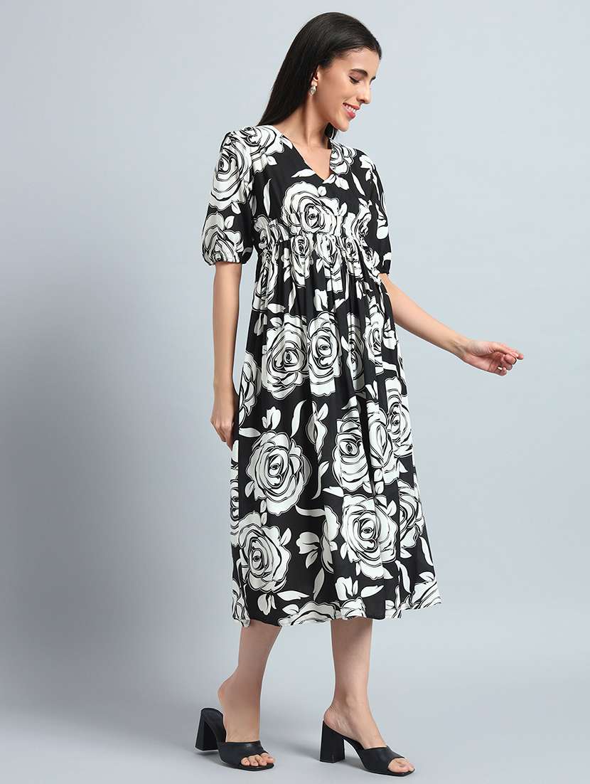 women printed puff sleeves fit and flare dress - 22594136 -  Standard Image - 3