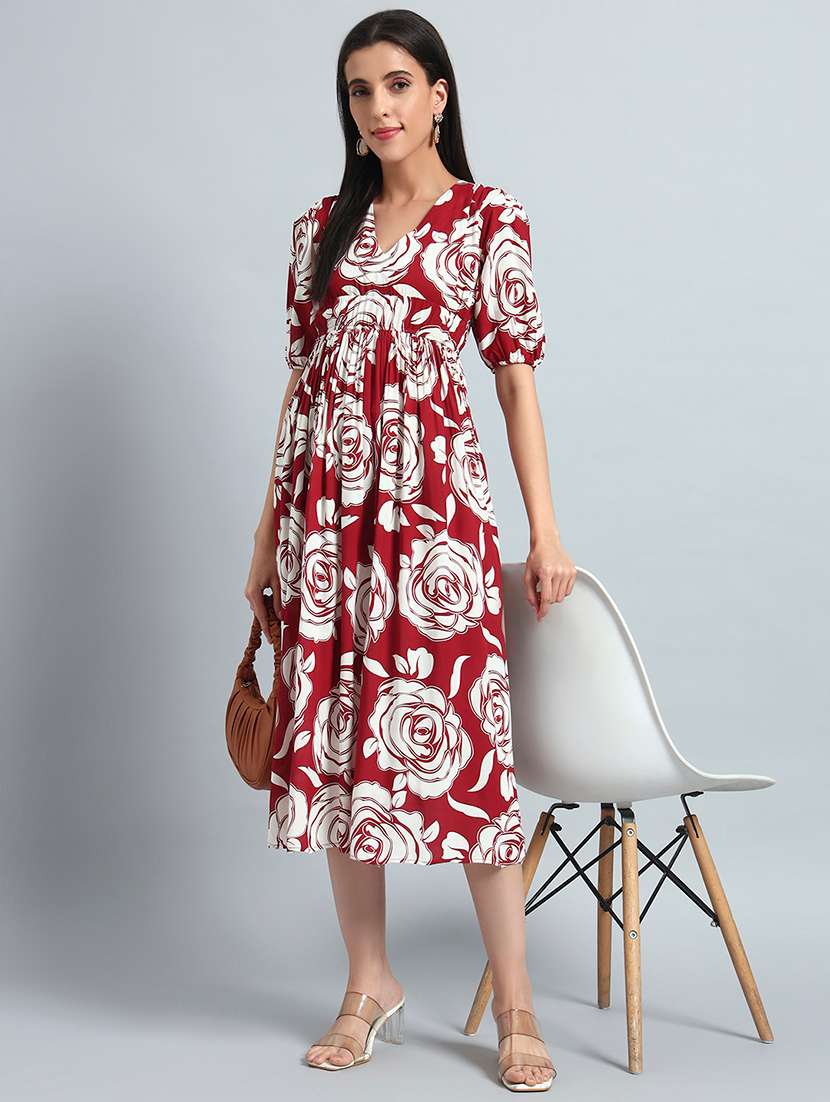 women printed puff sleeves fit and flare dress