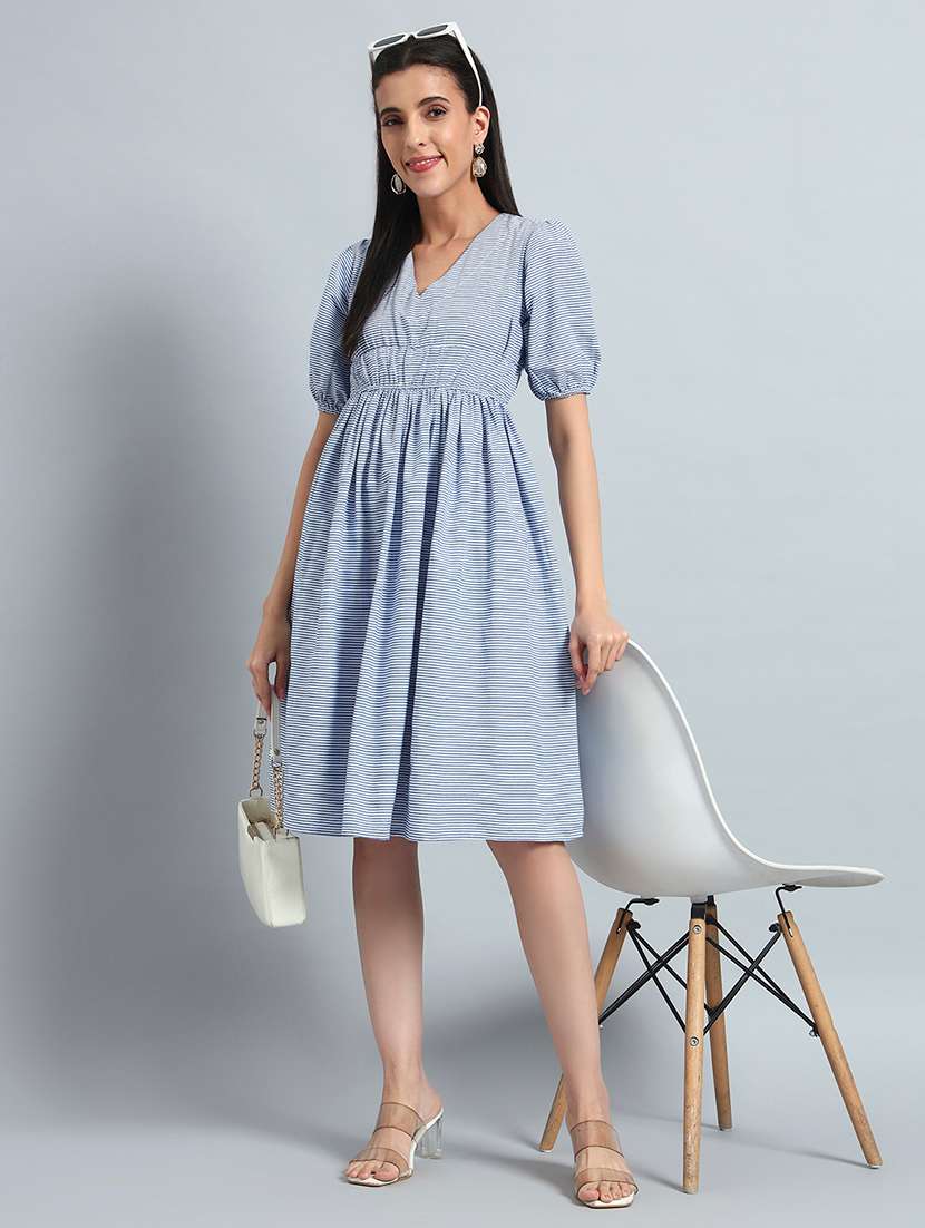 women printed puff sleeves fit and flare dress