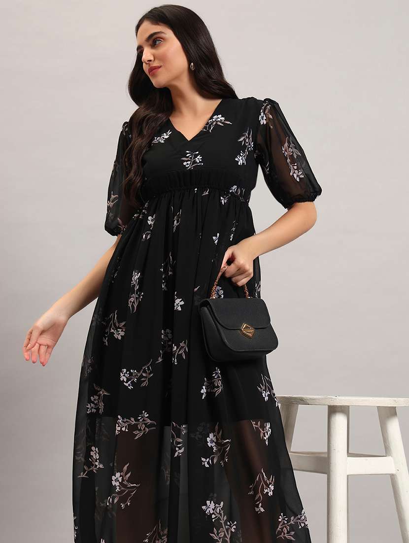 women printed puff sleeves fit and flare dress - 22594140 -  Standard Image - 5