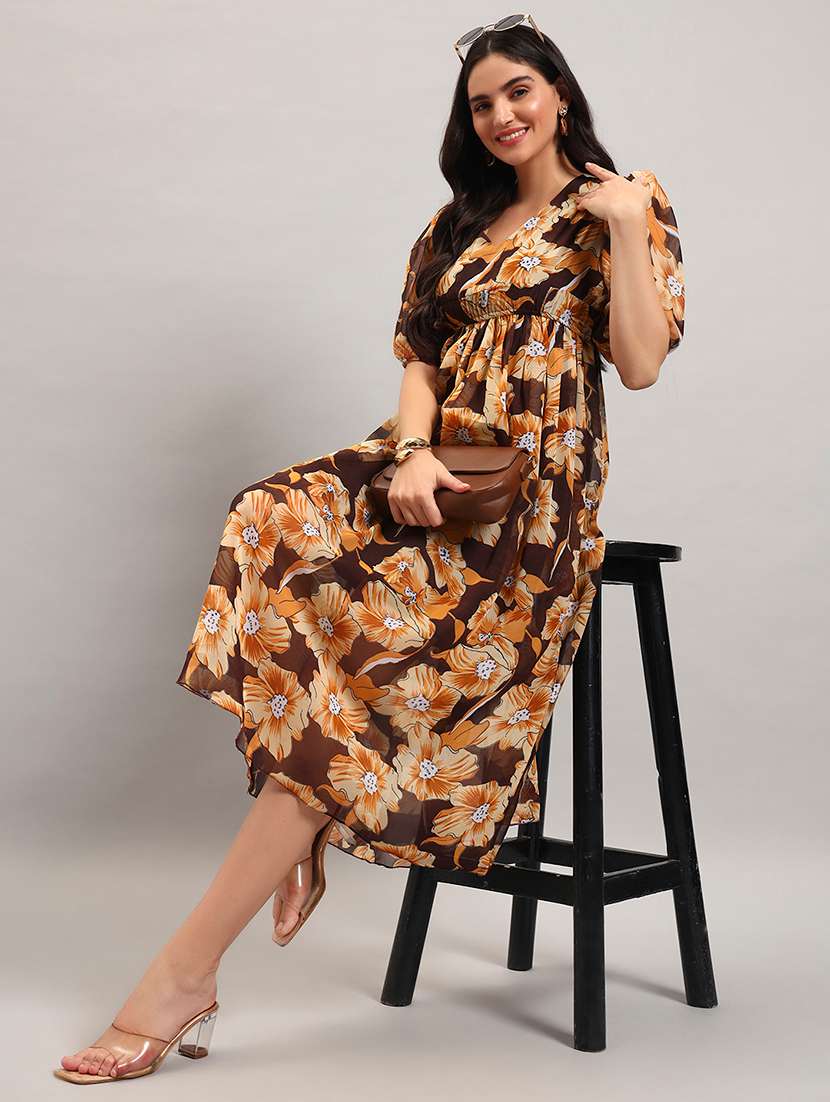 women printed puff sleeves fit and flare dress